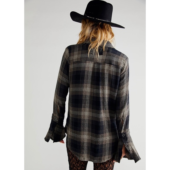NWOT Free People Willow Plaid Shirt in Black Combo - Picture 2 of 9